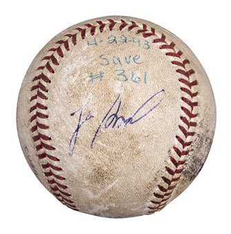 1993 Lee Smith Game Used/Signed Career Save #361 Baseball Used on 4/22/93 (Smith LOA)